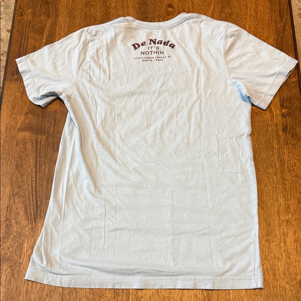 Austin TX De Nada Tacos Margs + Menos Light Blue Graphic T-Shirt - Picture 2 of 2